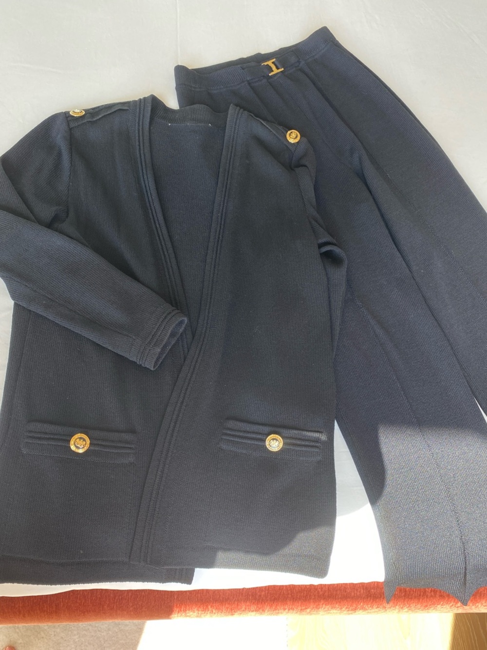 St. John Black Knit Cardigan and Trousers with Gold Buttons - Two-Piece Set
